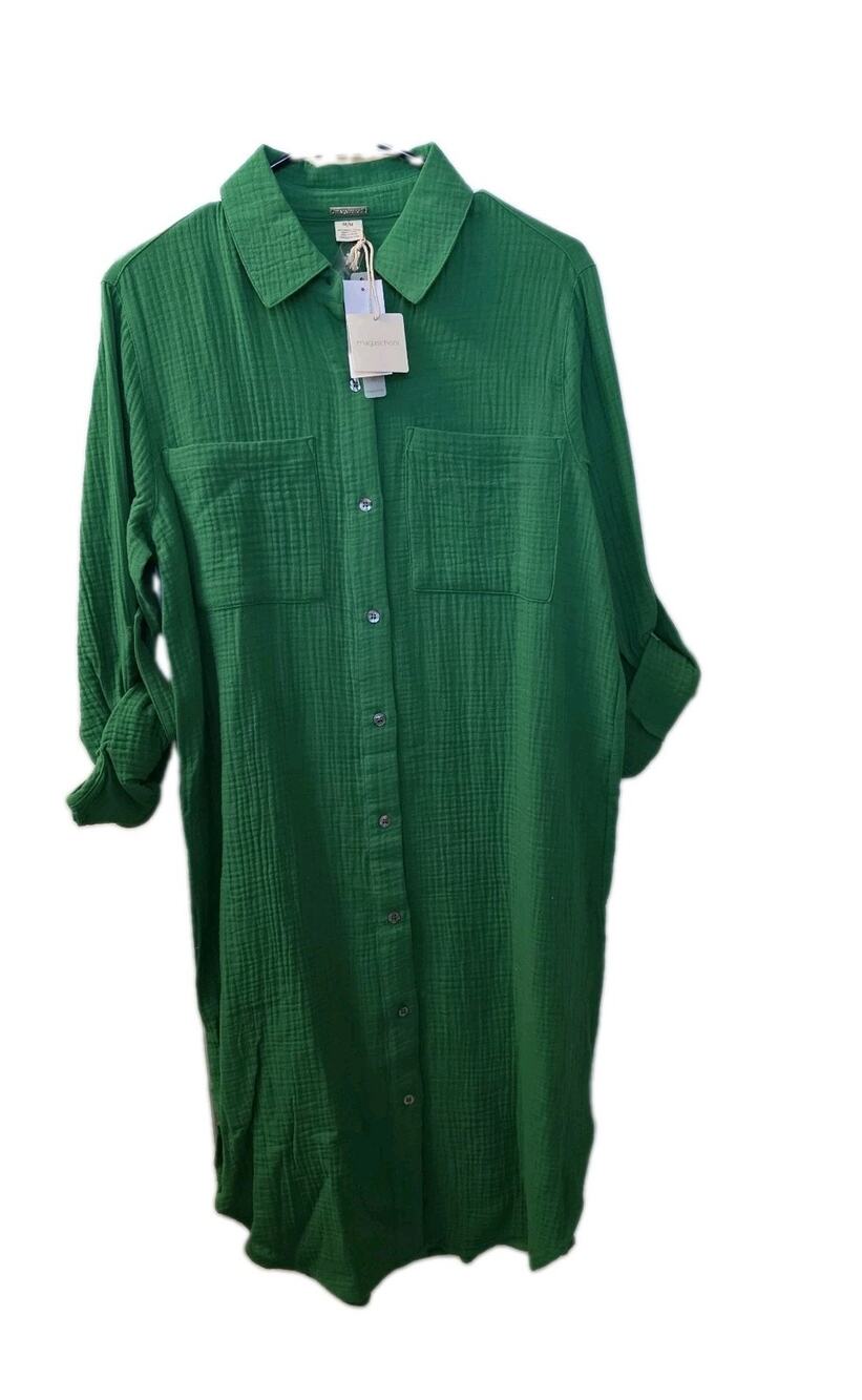 Magaschoni Organic Cotton Gauze Shirt Dress M Green Roll Tab Sleeves Coastal NEW